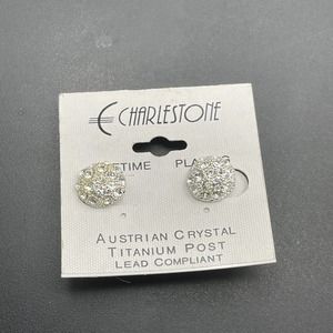 Charlestone Earrings Clear Rhinestone Round Clip Titanium Post Austrian Crystal